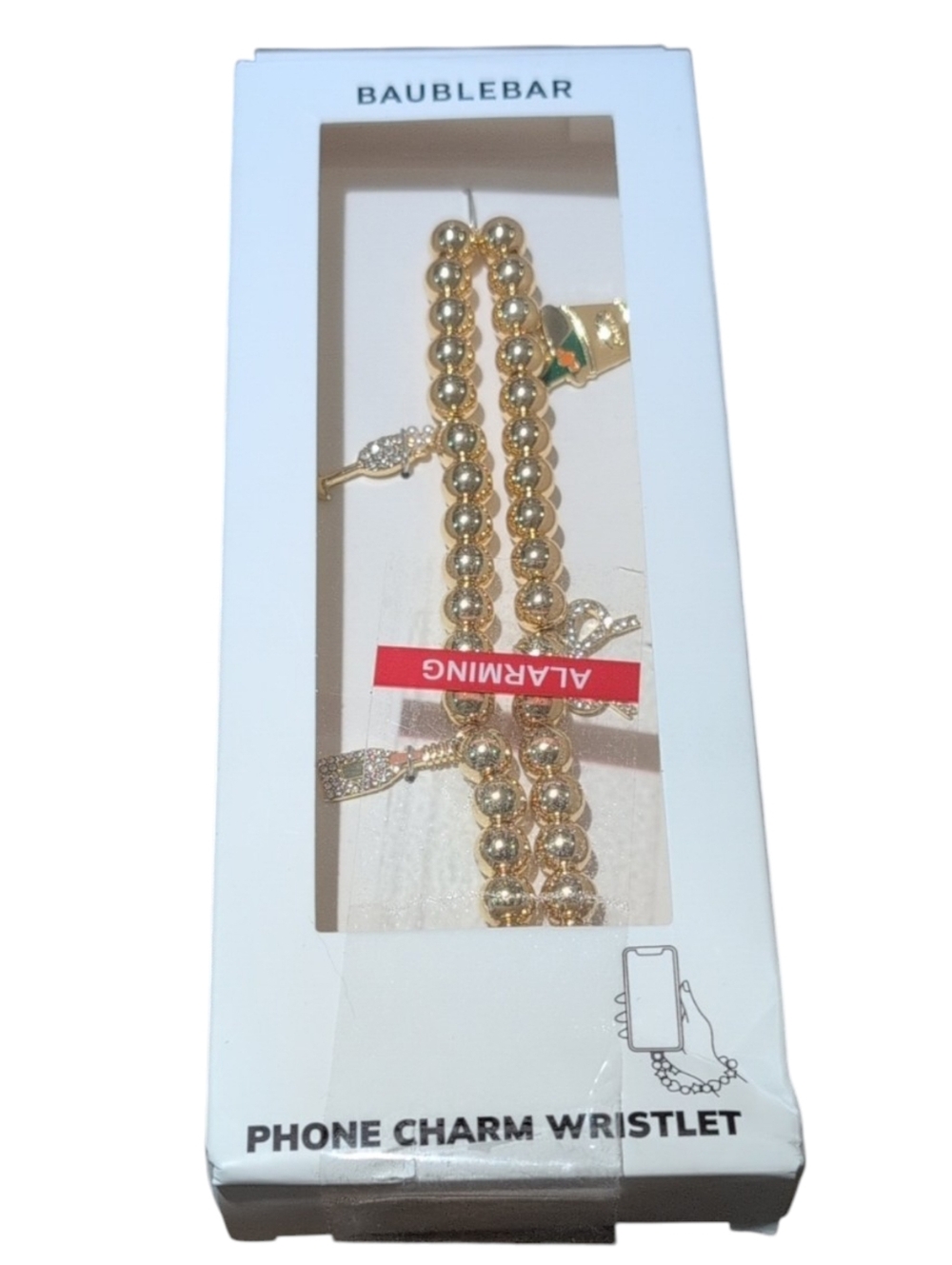 BaubleBar Champagne Celebration Themed Phone Charm Wristlet Gold Tone & Crystal
